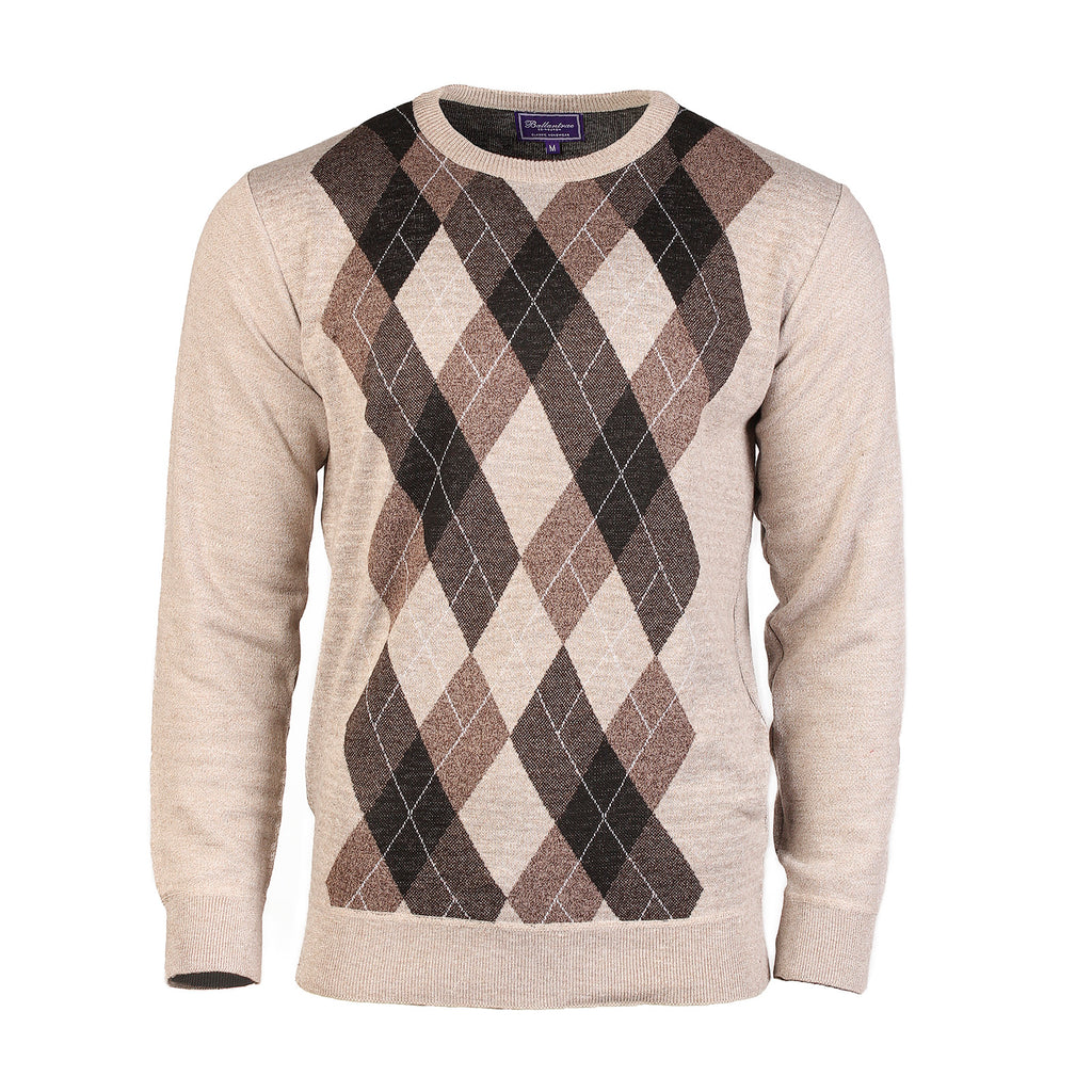 Men's Argyle Ballantrae Jumper Crew Nec  Beige Melange