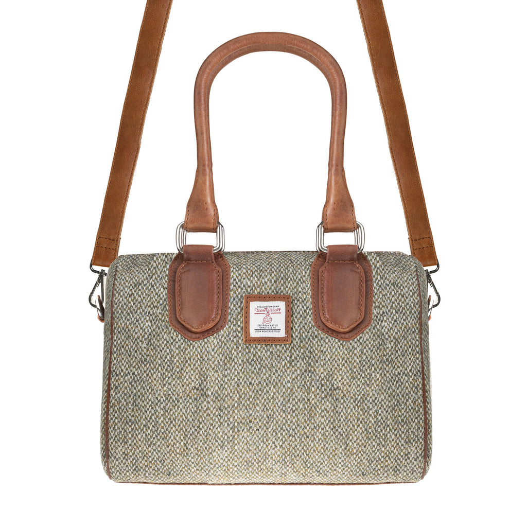 Ladies Ht Leather Small Handbag Green & White Barleycorn / Tan