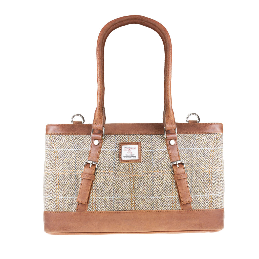 Ladies Ht Leather Hand Bag Tan & Brown Herringbone / Tan