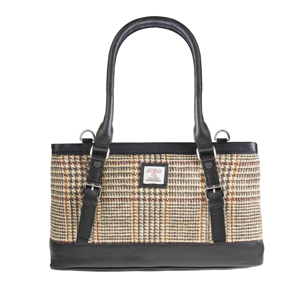 Ladies Ht Leather Hand Bag Tan & Brown Dogtooth / Black