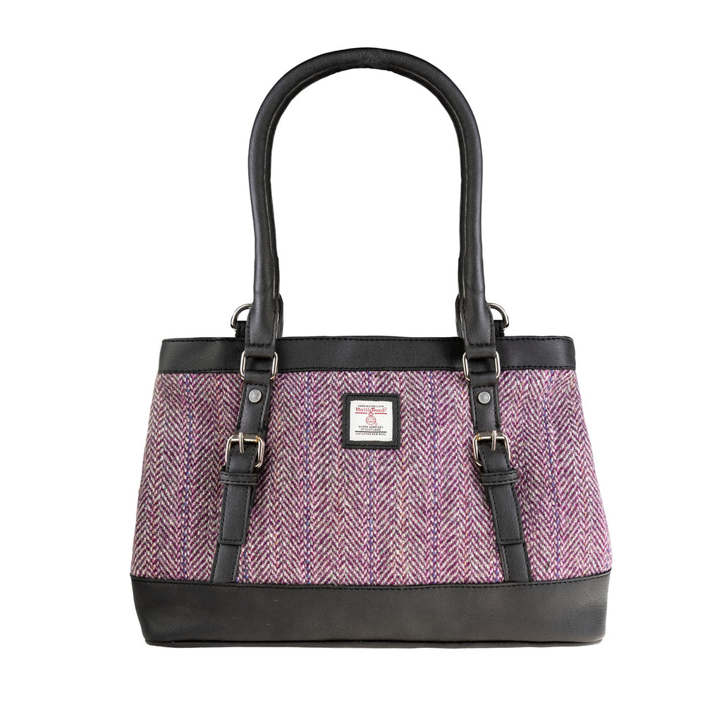 Ladies Ht Vegan Leather Hand Bag Plum Herringbone / Black