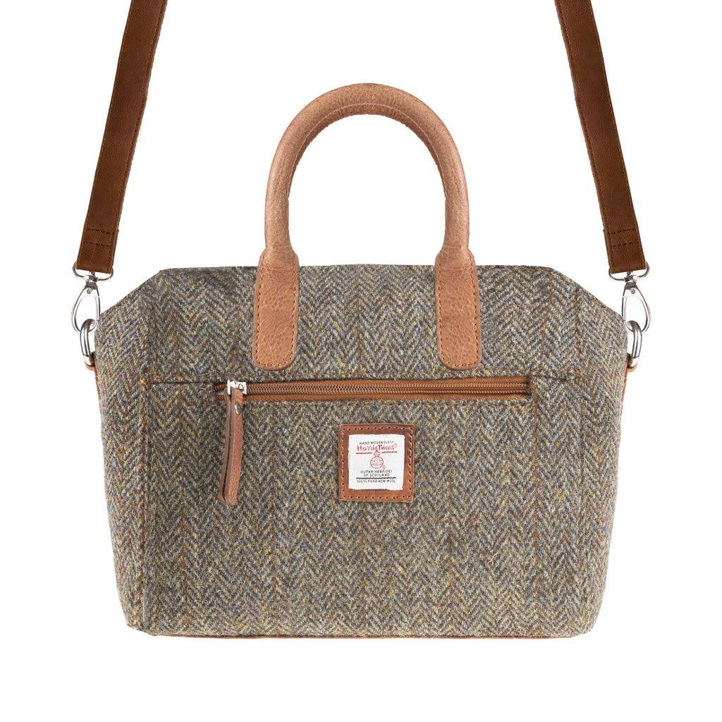 Ladies Ht Leather Hand Bag Brown Herringbone / Tan