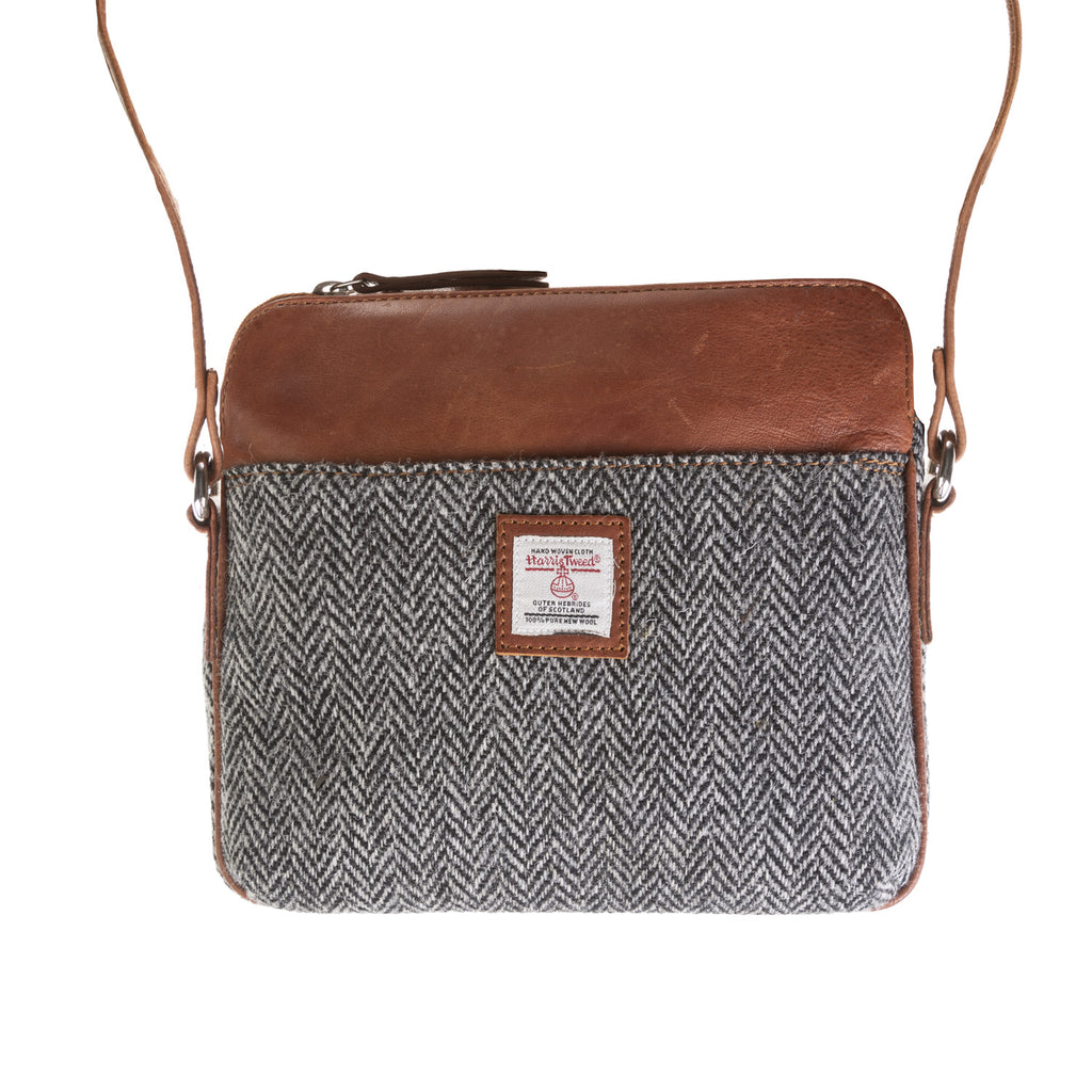 Ladies Ht Leather Cross Body Bag Black & White Herringbone / Tan