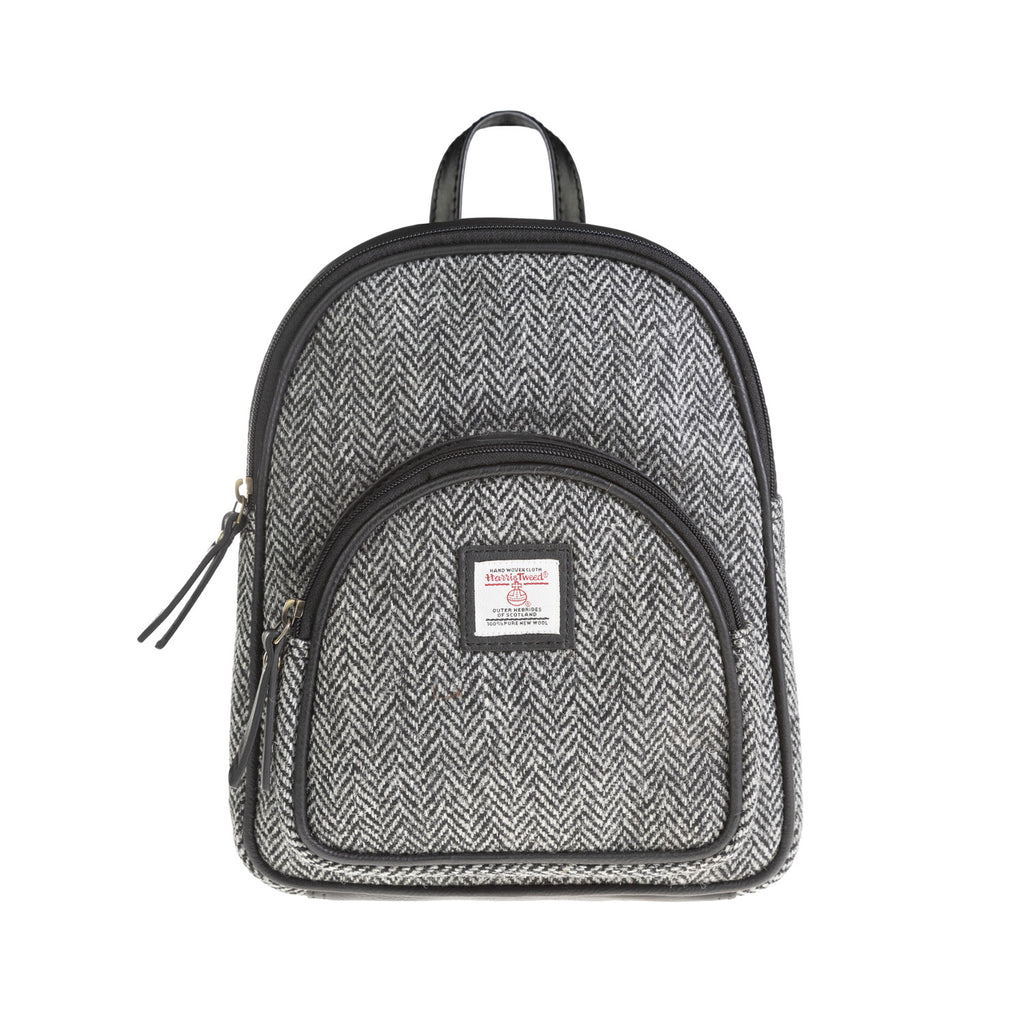 Ladies Ht Leather Zipped Backpack Black & White Herringbone / Black