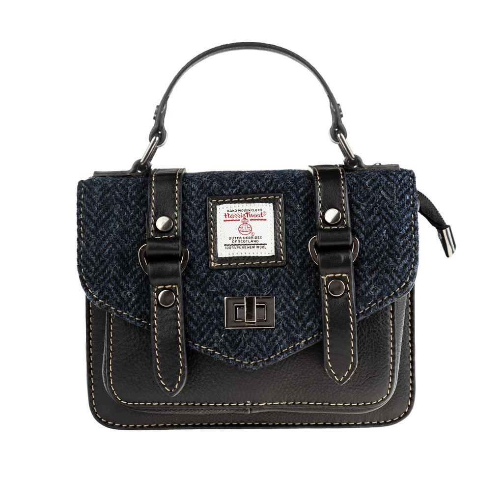 Ladies Ht Leather Mini Satchel Navy Blue Herringbone / Black