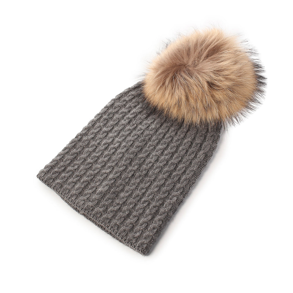 Women's Cable Cashmere Pom Pom Hat  Mid Grey