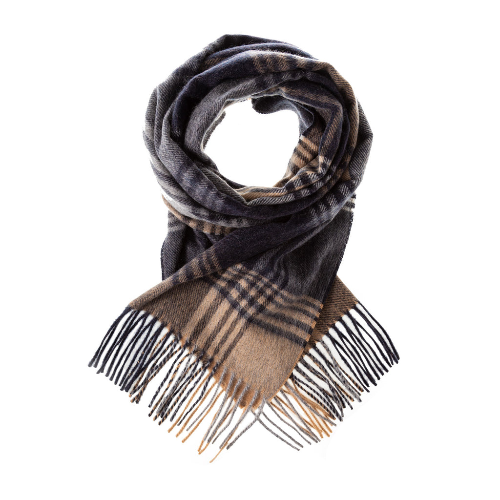 Edinburgh 100% Cashmere Wide Scarf  Broken Check - Navy/Camel