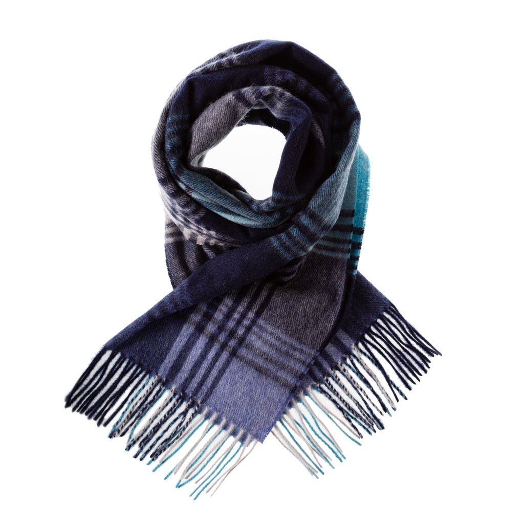 Edinburgh 100% Cashmere Wide Scarf  Broken Check - Cyan/Navy