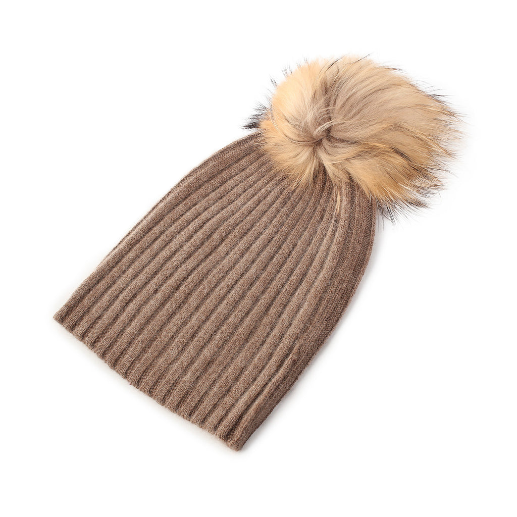 Rib Cashmere Pom Pom Hat Brindle