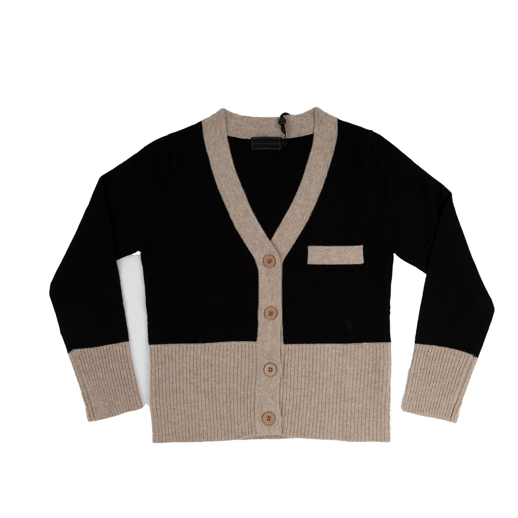 100% Cashmere Contrast Cardi Black/Cloud