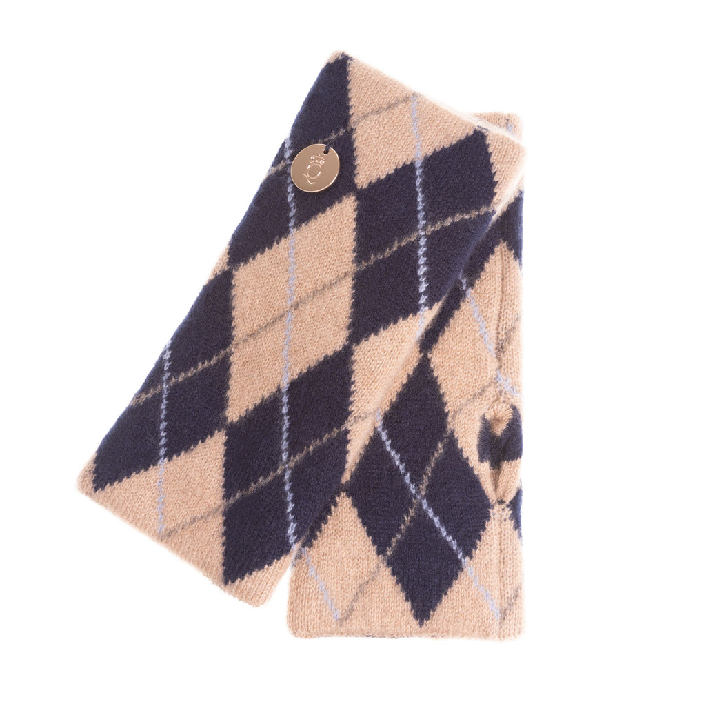 100% Luxury Cashmere Argyle Glove Camel Navy