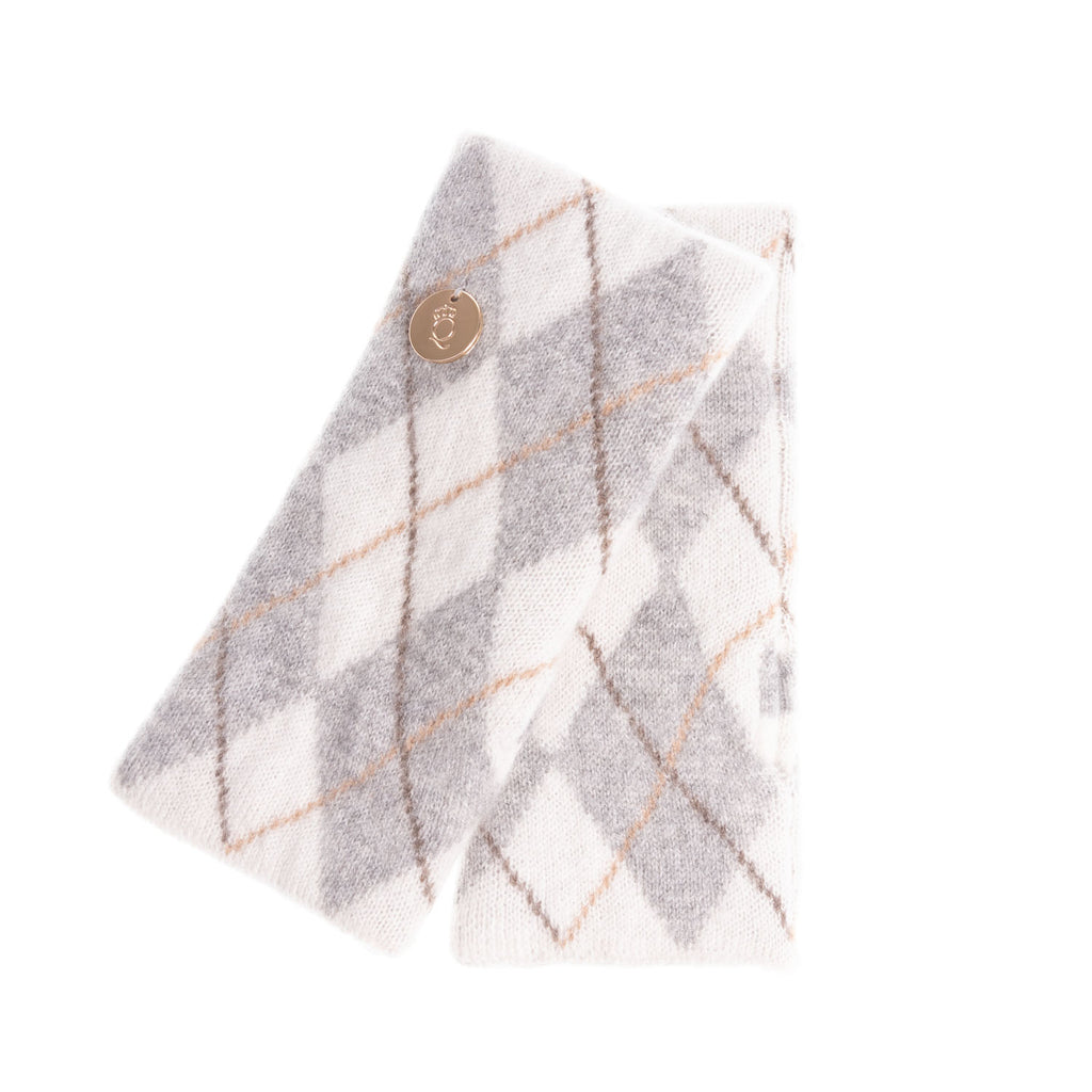 100% Luxury Cashmere Argyle Glove White Grey