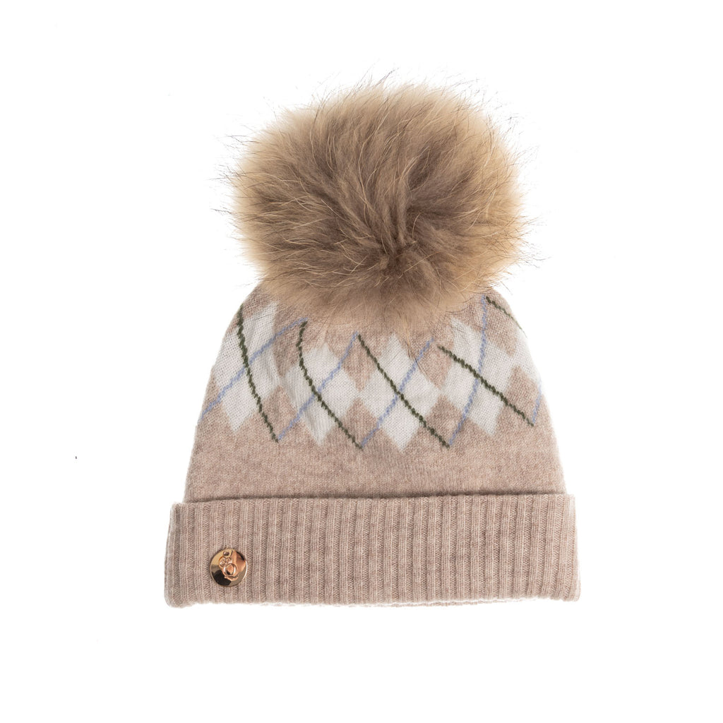 100% Luxury Cashmere Argyle Hat Rf Pom L Beige White