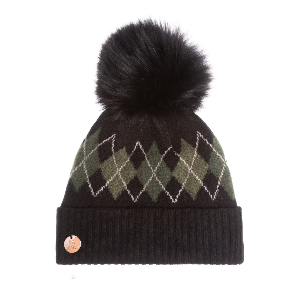 100% Luxury Cashmere Argyle Hat Rf Pom L Black Olive