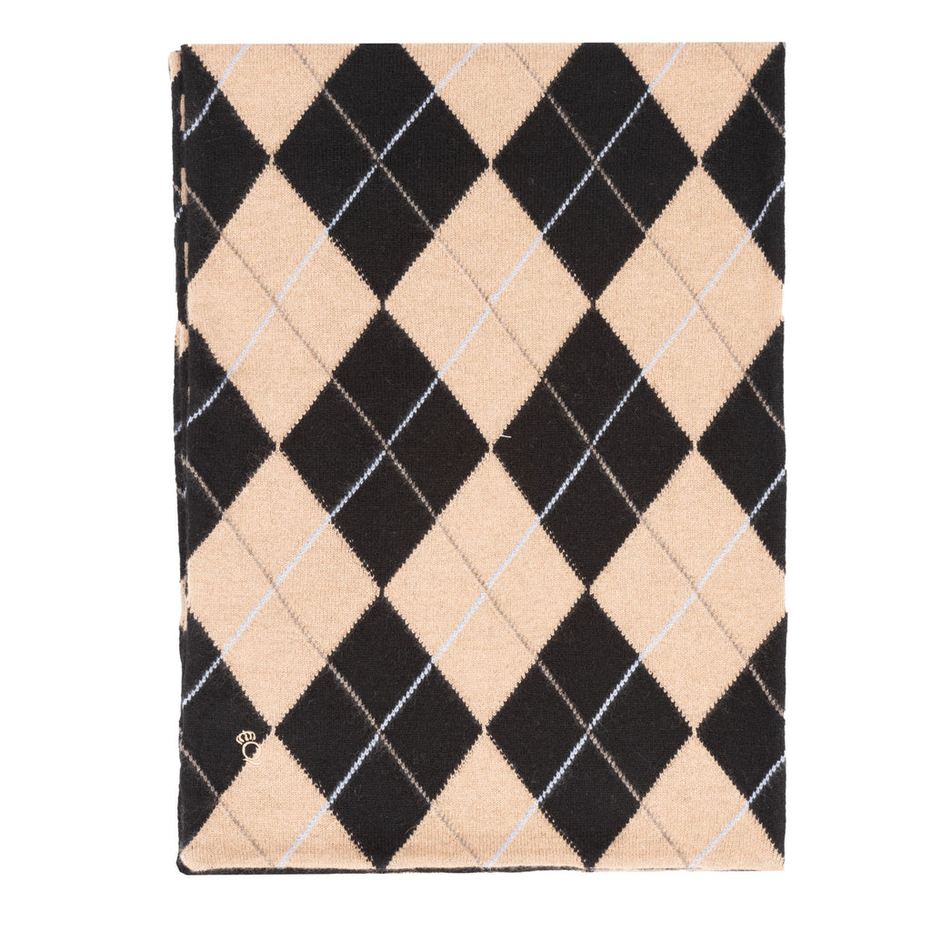 100% Luxury Cashmere Argyle Scarf Black Camel