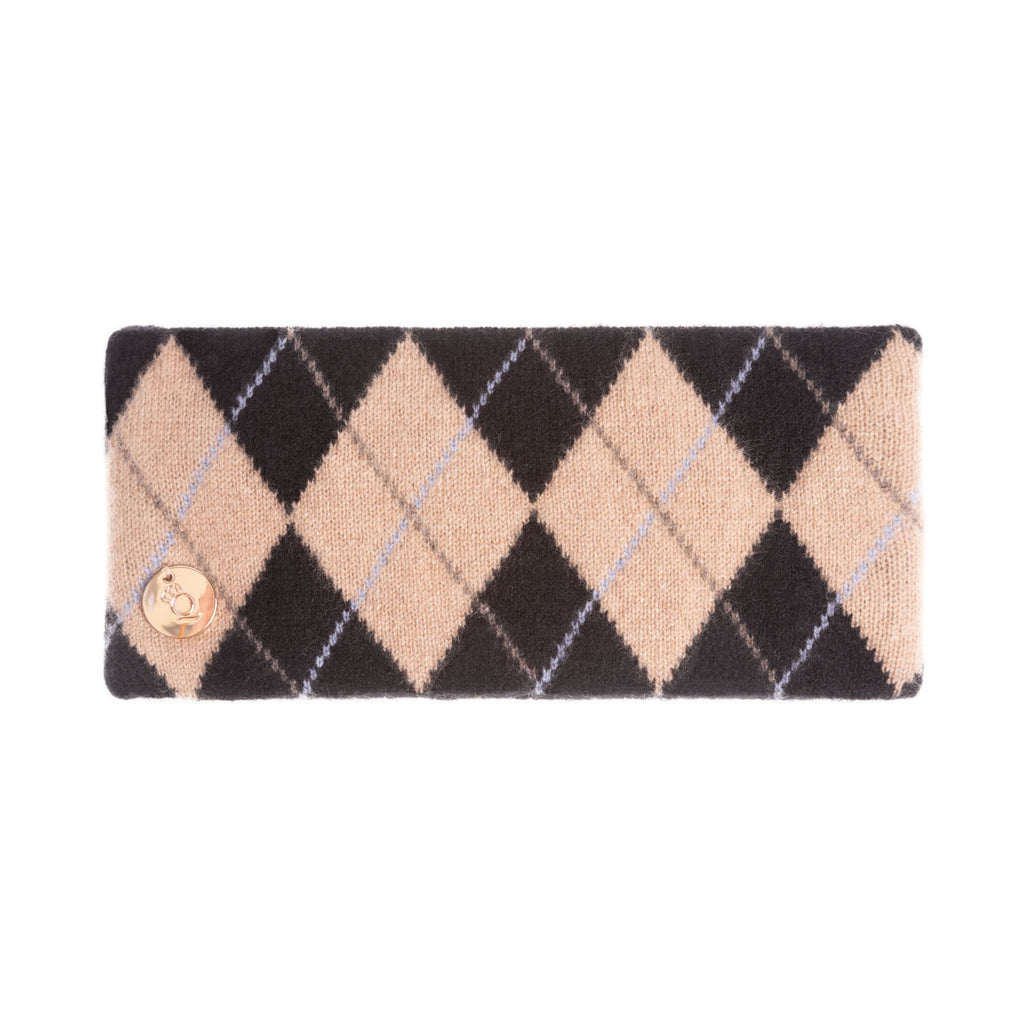 100% Luxury Cashmere Argyle Headband Black Camel