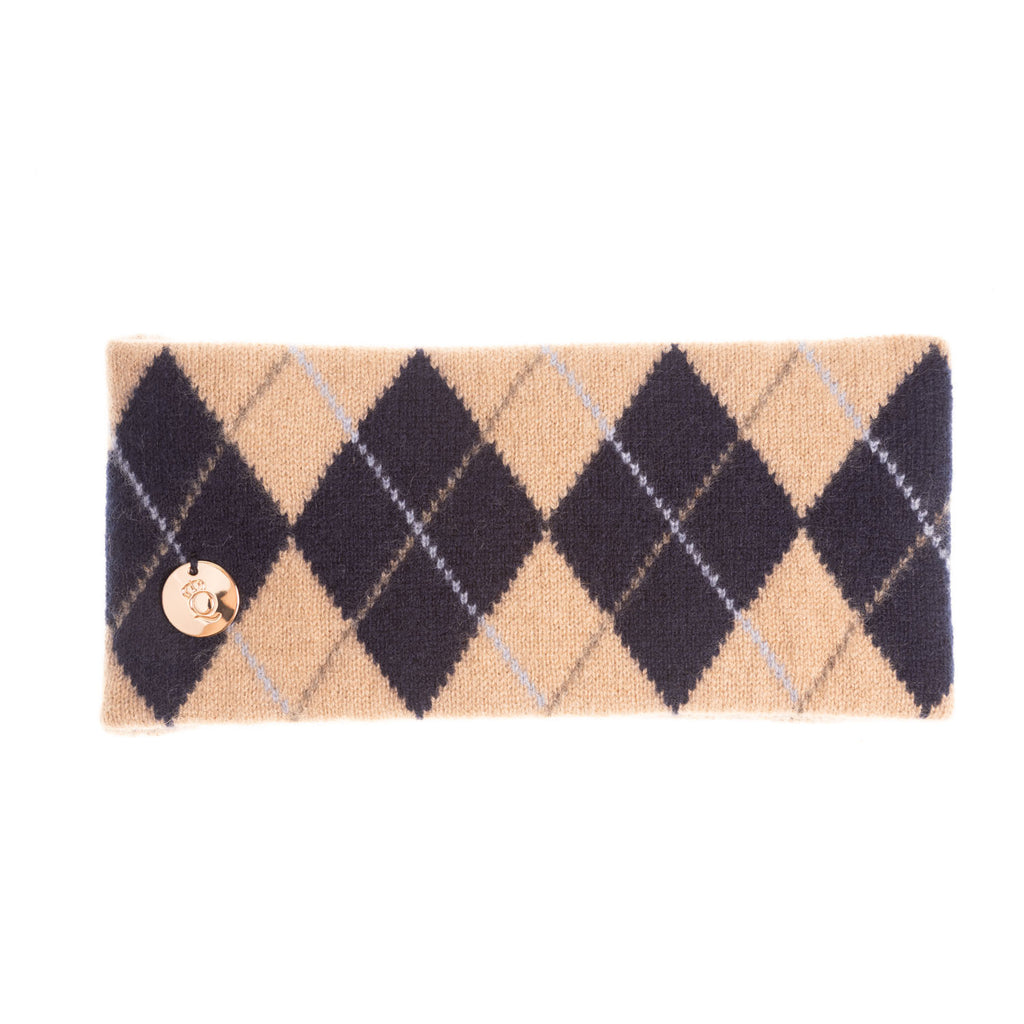 100% Luxury Cashmere Argyle Headband Camel Navy