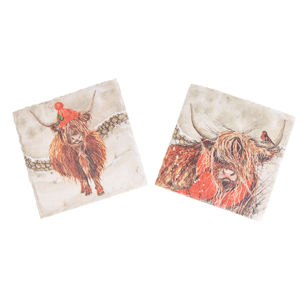 Xmas Slate H/Cow Coaster Grey With Strin