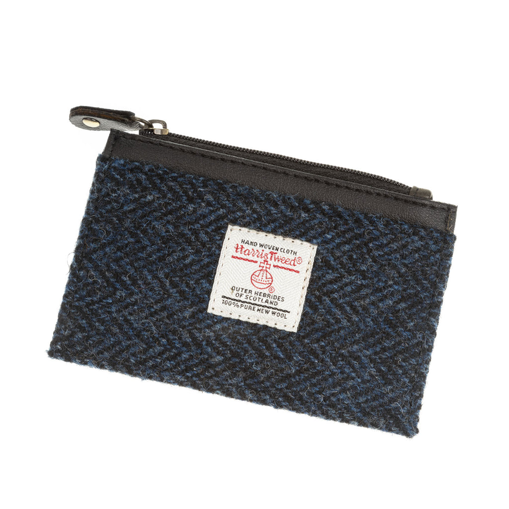 Ht Vegan Leather Coin Purse/Card Holder Navy Blue Herringbone / Black