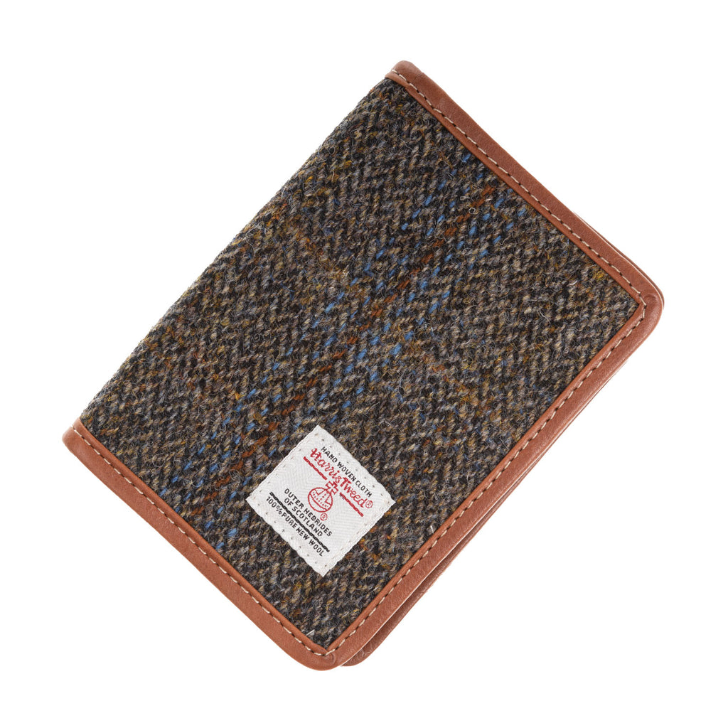 Harris Tweed Leather Passport Cover Blue & Brown Check Hb / Tan