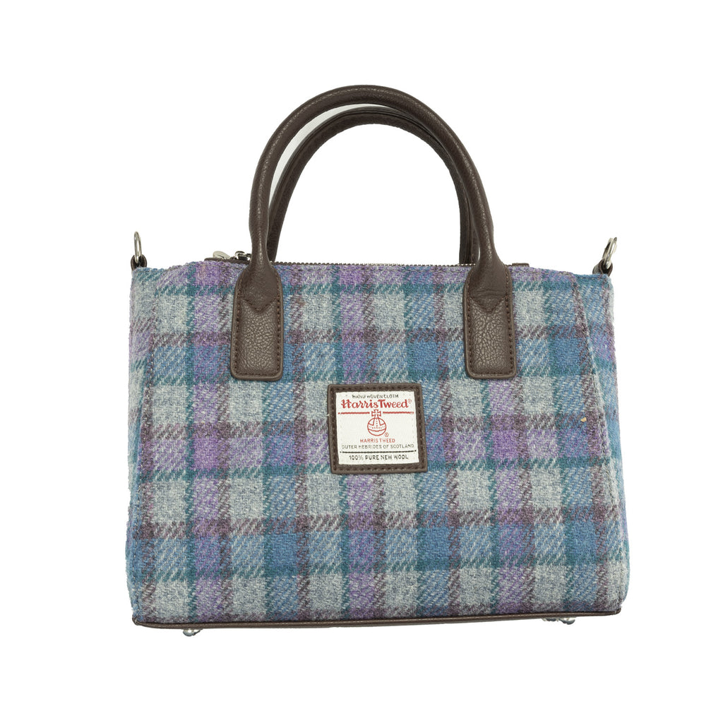 Small Tote Bag With Shoulder Strap Brora Blue/Purple Check On Grey