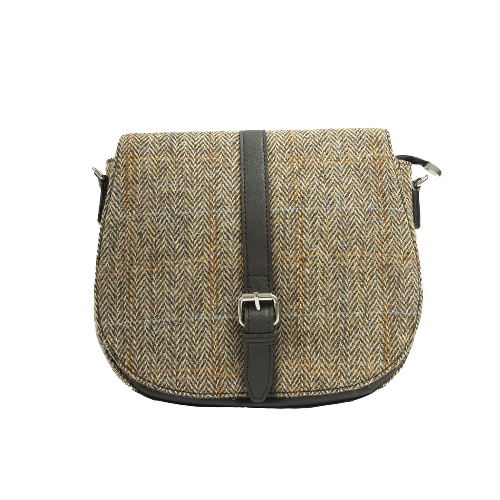 Ladies Ht Vegan Leather Flap Over Bag Tan & Brown Herringbone / Black