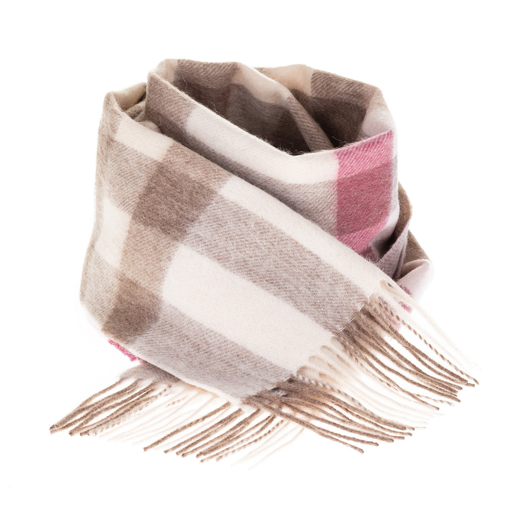 Edinburgh 100% Lambswool Scarf  Giant Chequer - Pink/Taupe