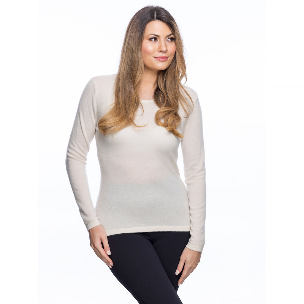 100% Cashmere Ladies Crew Neck Jumper Optical White