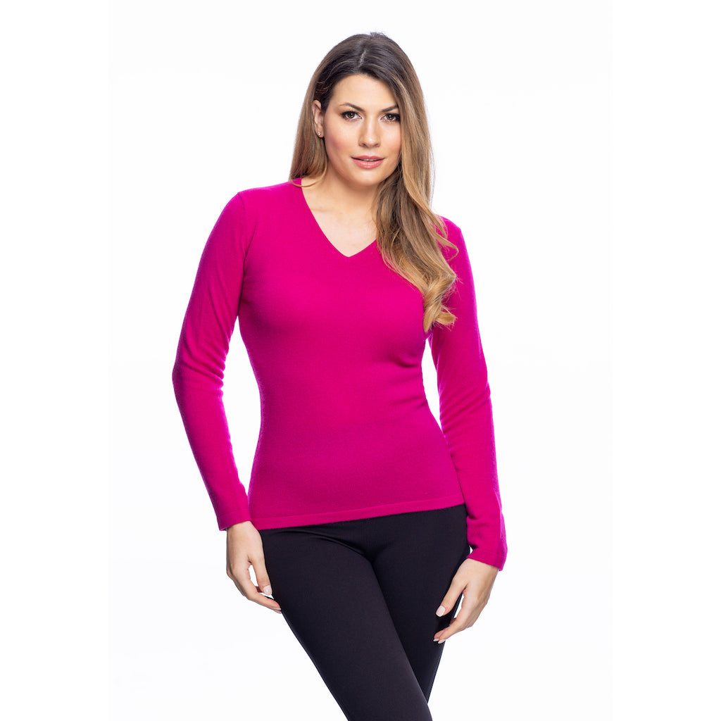 Women's 100% Cashmere V-Neck Jumper Dunedin Cashmere Fuchsia