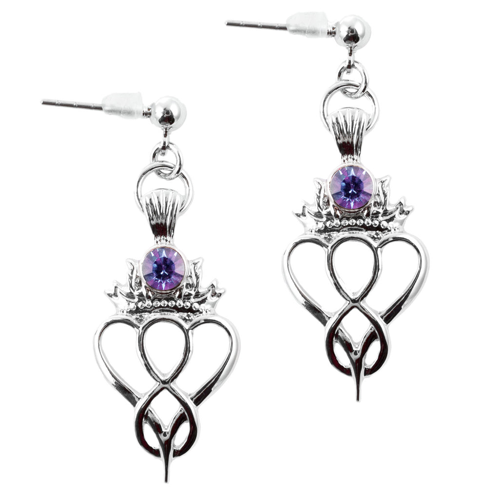 Celtic Heart Birthstone Drop Earrings February