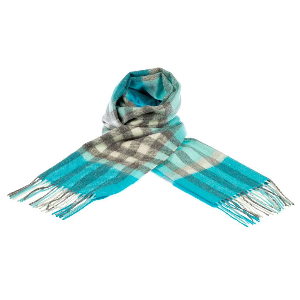 Chequer Tartan 90/10 Cashmere Scarf Bar  Aqua