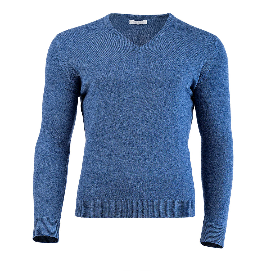 Men's 100% Cashmere V-Neck Jumper John Laing Soft Denim