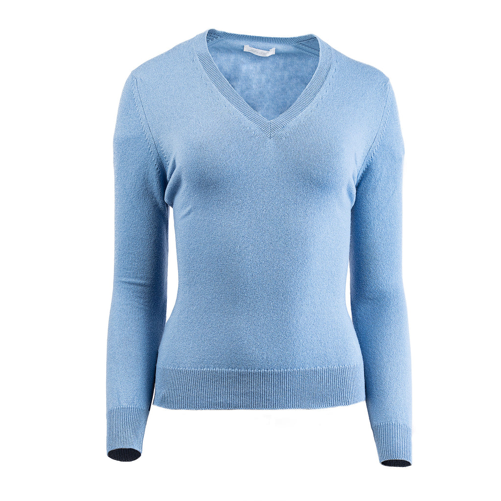 Women's 100% Cashmere V-Neck Jumper John Laing Blue 106978