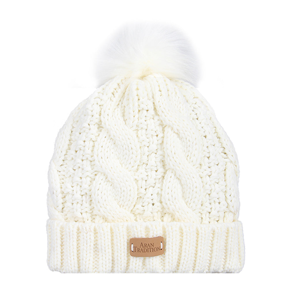 Aran Hat With Faux Fur Bobble