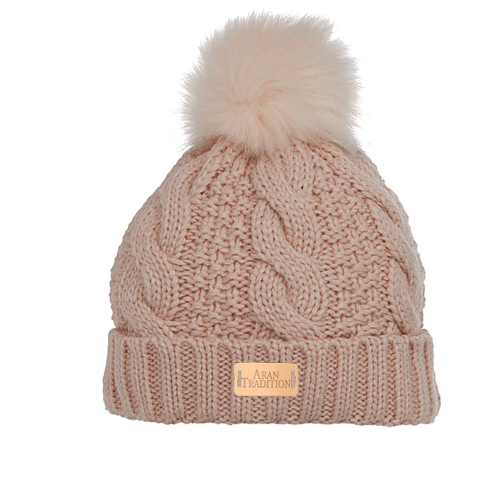 Aran Hat With Faux Fur Bobble