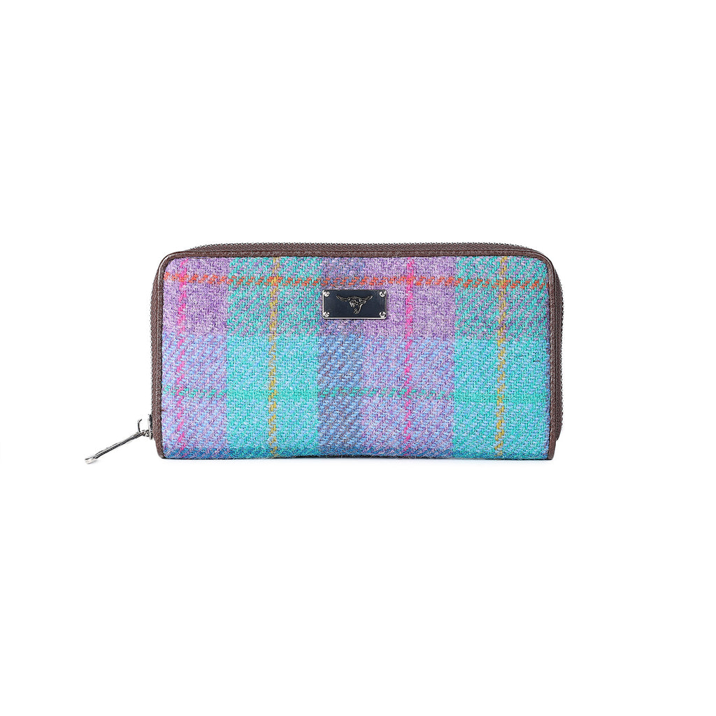 Harris Tweed Long Zip Purse - Staffa Green & Purple Check