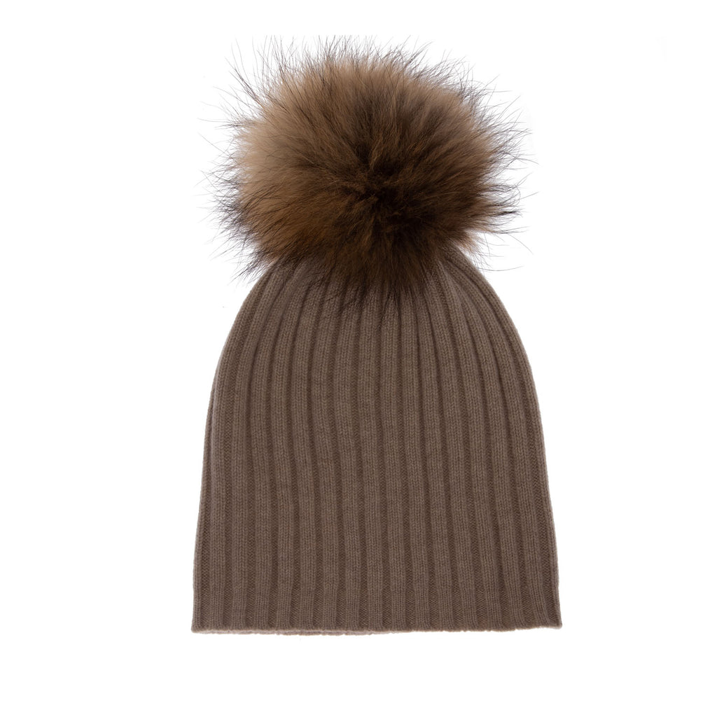 Women's Rib Cashmere Pom Pom Hat  Sand Beige