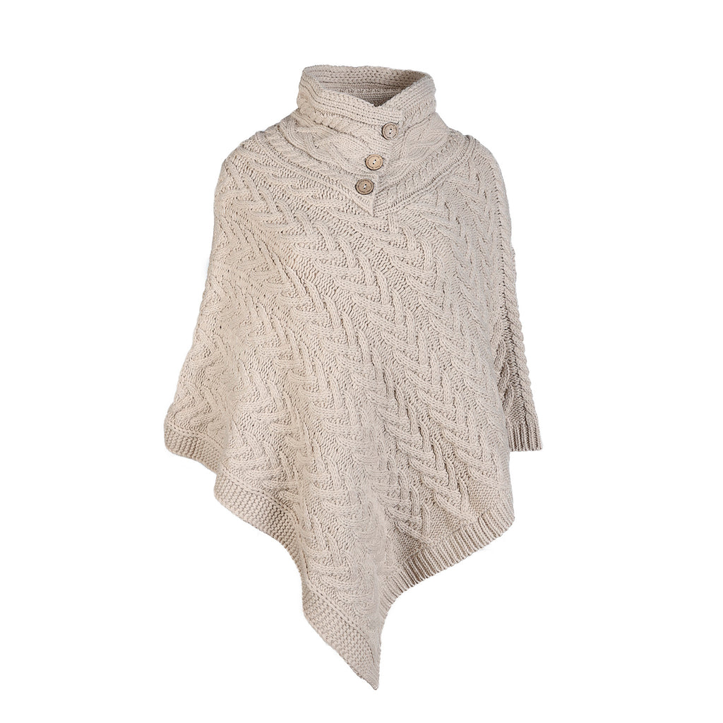Aran Cable Button Shawl Neck Poncho